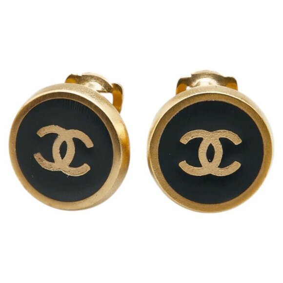 CHANEL CC Logos Black Round Clip-On Earrings Gold Tone 00A Auth w/Box #13332 - Picture 1 of 6